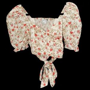 Urban Revivo Floral Puff Sleeve Smocked Crop Top